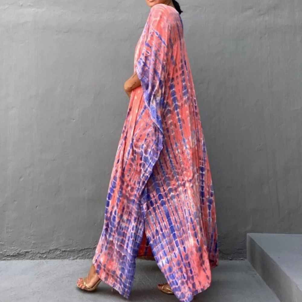 Pink Boho Tie Dye Kaftan Kimono Coverup Dress - Picture 4 of 5